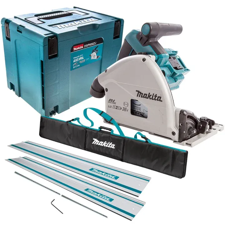 Makita DSP600ZJ 36V Brushless 165mm Plunge Saw Body Only with 2 x 1.5m Guide Rail & Case + Rail Bag  + Connector + Clamps