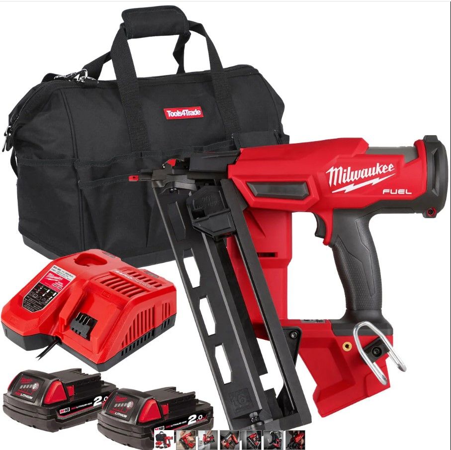 Milwaukee M18 FN16GA-0 18V Brushless Finishing Angled Nail Gun 16Ga with 2 x 2.0Ah Batteries & Charger in Bag
