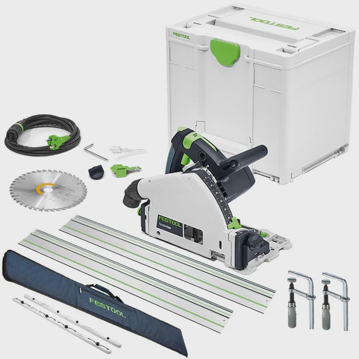 Festool TS 55 FEQ-Plus 110V GB Circular Plunge Cut Saw - 576707 With 2 x Guide Rail, Connector, Clamp & Bag