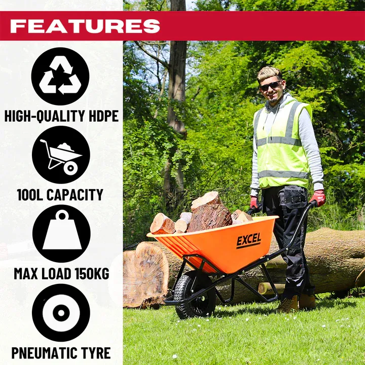 Excel Heavy Duty 100L Wheelbarrow HDPE Plastic Tray Extra Puncture Proof Wheel