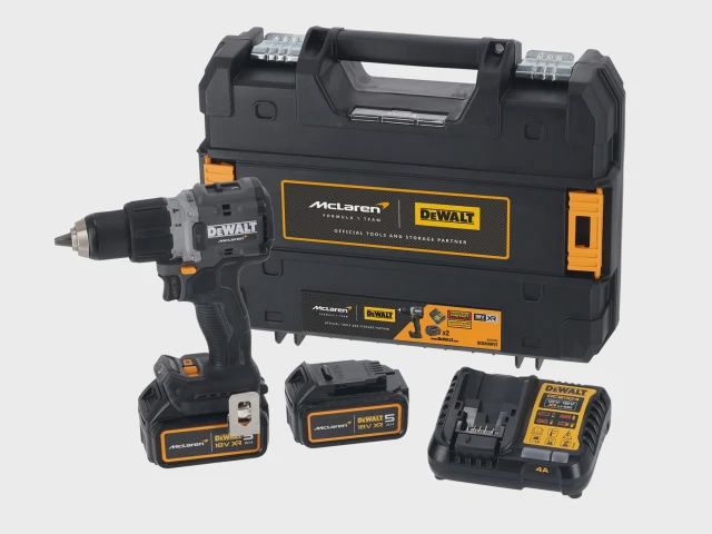 DeWalt DCD85MP2T McLaren F1 18V XR Cordless Brushless Combi Hammer Drill With 2 x 5AH Batteries, Charger &amp; Case