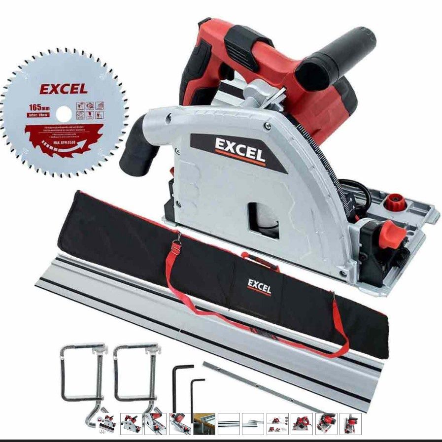 Excel 165mm Plunge Saw 1200W/240V with Guide Rails and Accessories Set