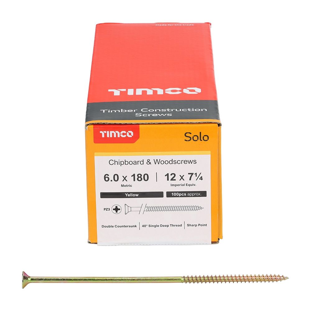Timco Solo Woodscrews - PZ - Double Countersunk - Yellow 6.0 x 180