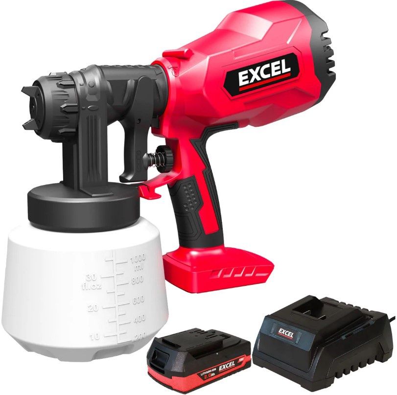 Excel 18V Cordless 1000ml Spray Gun with 1 x 2.0Ah Battery & Charger
