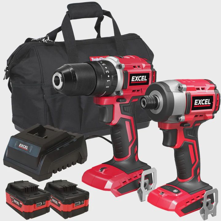 Excel 18V Brushless Twin Pack Impact Driver & Combi Drill with 2 x 5.0Ah Battery Charger