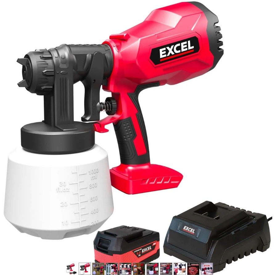 Excel 18V Cordless 1000ml Spray Gun with 1 x 5.0Ah Battery & Charger