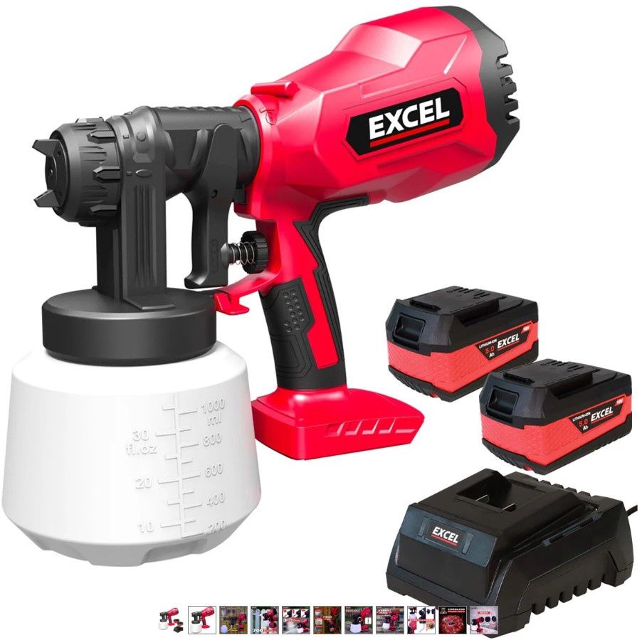 Excel 18V Cordless 1000ml Spray Gun with 2 x 5.0Ah Battery & Charger