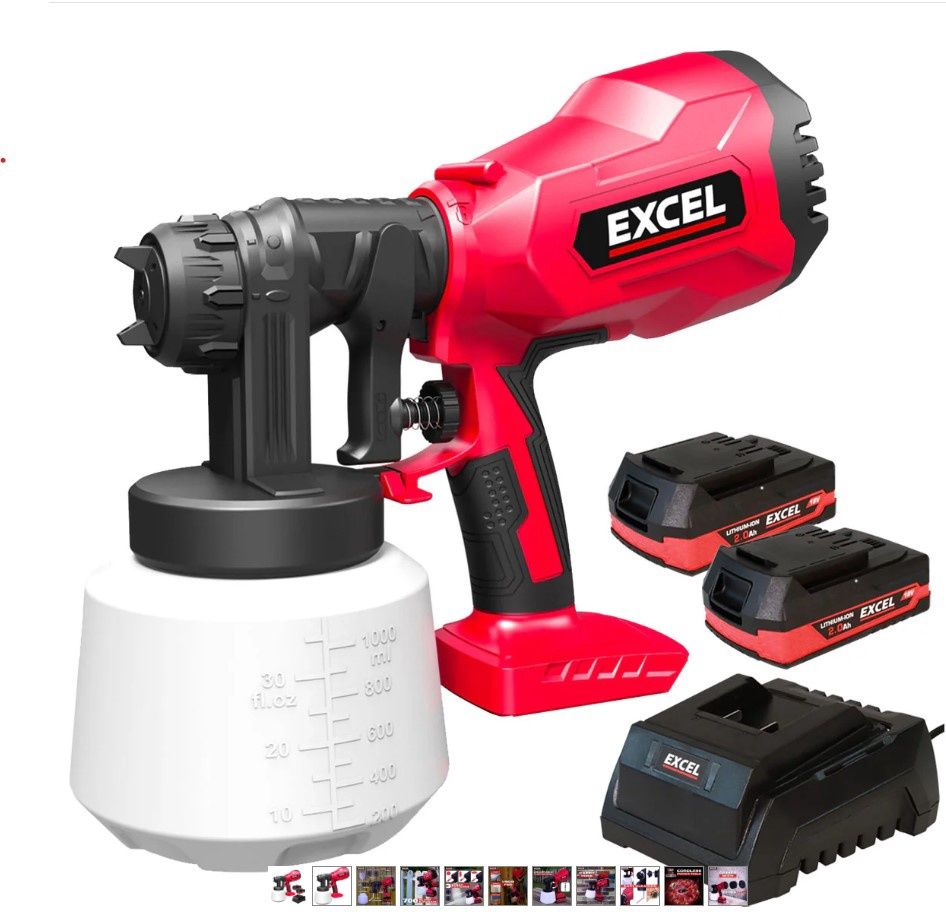 Excel 18V Cordless 1000ml Spray Gun with 2 x 2.0Ah Battery & Charger