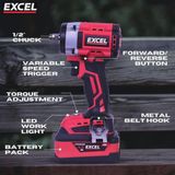 Excel 18V Cordless Brushless 1/2'' Impact Wrench with 1 x 5.0Ah Battery Charger & Bag