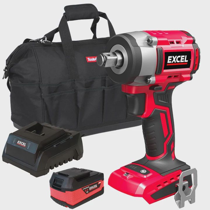 Excel 18V Cordless Brushless 1/2'' Impact Wrench with 1 x 5.0Ah Battery Charger & Bag