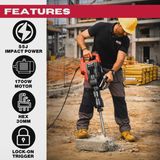 Excel 1700W 55J Hex Shank Demolition Hammer Breaker 230V with Case & Chisels