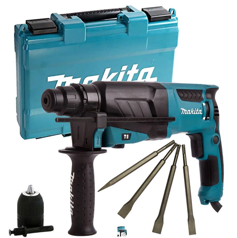 Makita HR2630/2 3 Mode Hammer Drill 240V With 4 Piece Chisel Set + Keyless Chuck