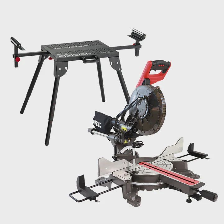 Excel Sliding Mitre Saw Double Bevel 255mm 240V/2000W & Laser with Universal Stand