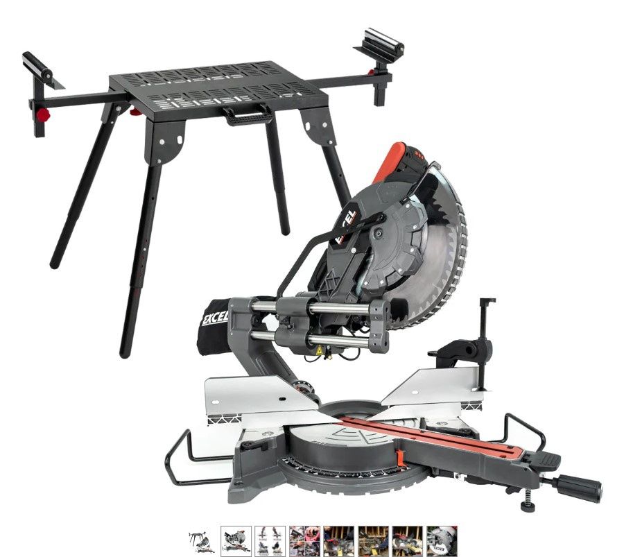 Excel Sliding Mitre Saw Double Bevel 305mm 240V/1800W & Laser with Universal Stand
