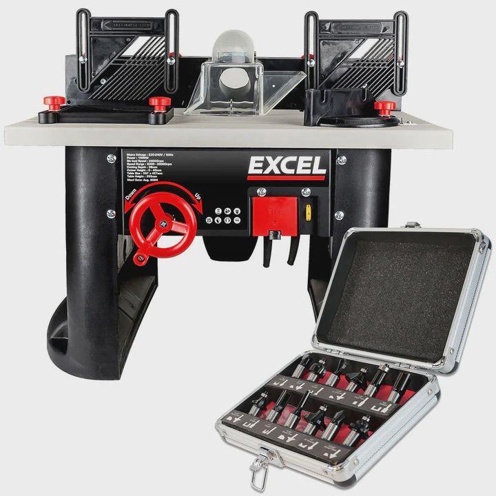Excel Table Router Cutter 240V with 1/2in Shank TCT Router Cutter Bit 12 Piece Set