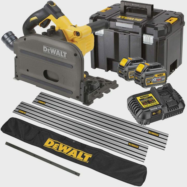 Dewalt DCS520T2 54V Flexvolt Brushless 165mm Plunge Saw 2 x 6.0Ah Battery Charger Case, Accessories
