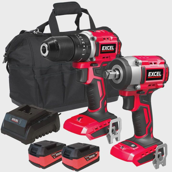 Excel 18V Twin Pack Combi Drill &amp; Impact Wrench with 2 x 5.0Ah Battery &amp; Charger