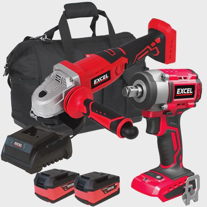 Excel 18V Twin Pack Impact Wrench &amp; Angle Grinder with 2 x 5.0Ah Battery &amp; Charger