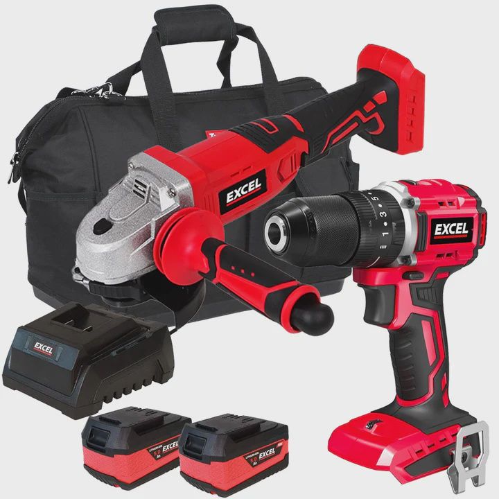 Excel 18V Twin Pack Combi Drill &amp; Angle Grinder with 2 x 5.0Ah Battery &amp; Charger