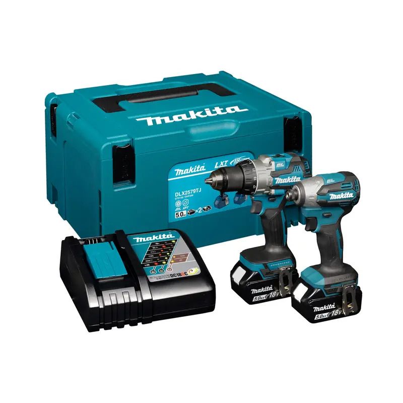 Makita DLX2579TJ (DHP489Z+ DTD158Z) 18V LXT Brushless Combi &amp; Impact Drill Twin Pack -2 x 5.0Ah Batteries, Charger &amp; Case