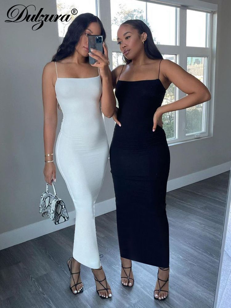 Autumn Winter Women&#39;s Solid White and Black Strap Midi Dress - Bodycon Sexy Streetwear Party Clubwear, Elegant Fashion Apparel