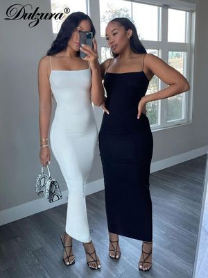 Autumn Winter Women&#39;s Solid White and Black Strap Midi Dress - Bodycon Sexy Streetwear Party Clubwear, Elegant Fashion Apparel