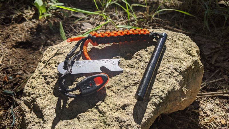 4-inch x 3/8" Ferro Rod Fire Starter with 6-in-1 Survival Tool & Emergency Whistle - BLACK & ORANGE
