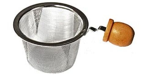 Stainless steel 2.5 in basket tea infuser with wood handle.