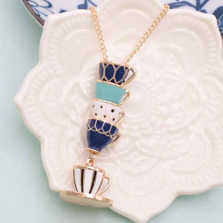 Stacked Teacup Necklace - Blue &amp; White