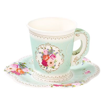 Floral Paper Teacup & Saucer Set - 12 Pack