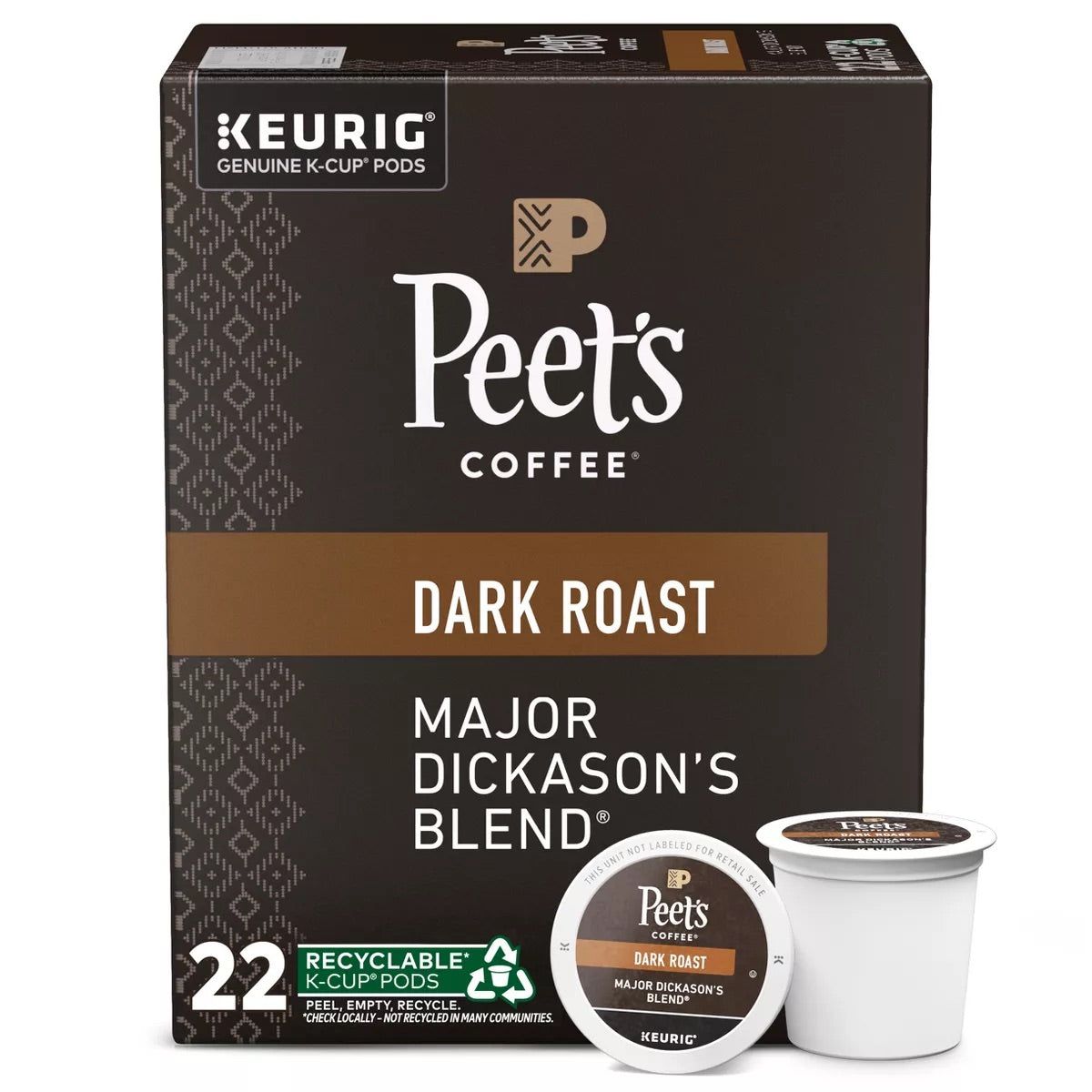 Peet&#39;s Coffee Major Dickason&#39;s Blend, Dark Roast K-Cup Pods Keurig Cap