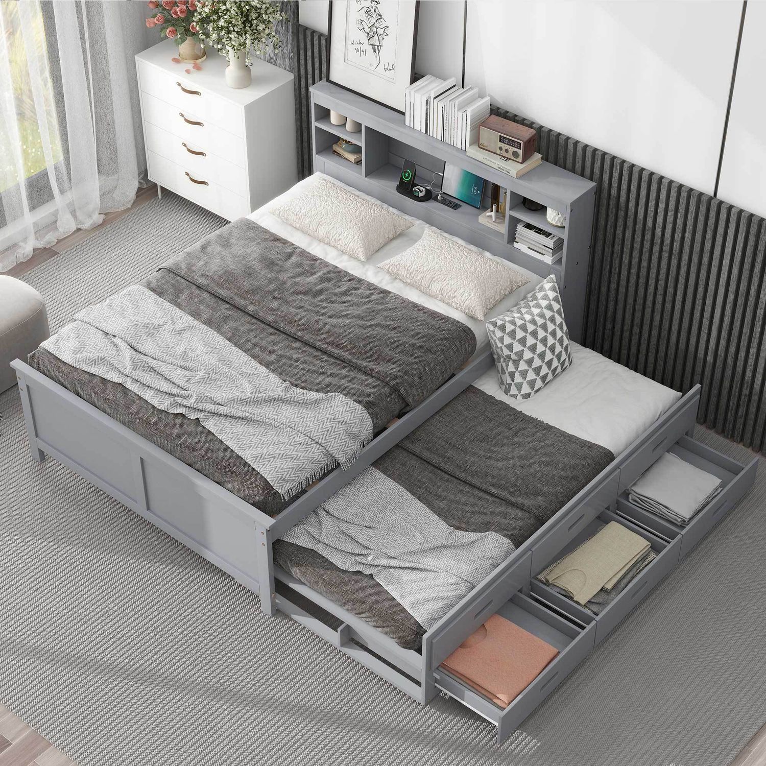 Full Size Platform Bed with Storage Headboard, USB, Twin Size Trundle