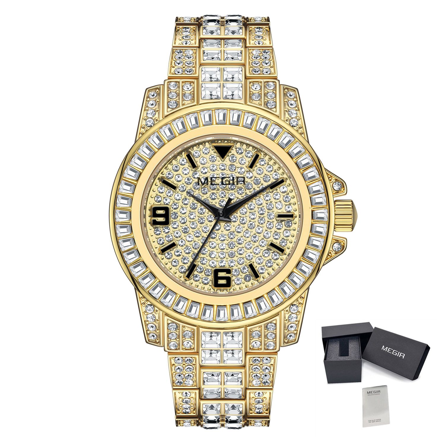 MEGIR Watch for Men Fashion Man Quartz Full Diamond Wristwatch Large Dial Business Watches Clock Gifts Montre Homme 1092