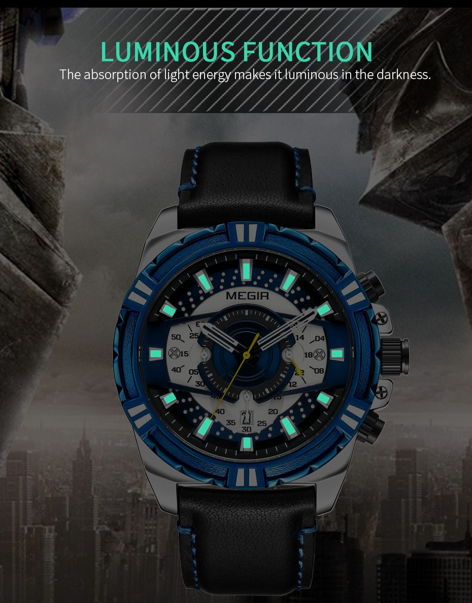 MEGIR Luxury Casual Watches for Men Fashion Leather Sports Military Wristwatch Calendar Luminous Quartz Man Clock Montre Homme