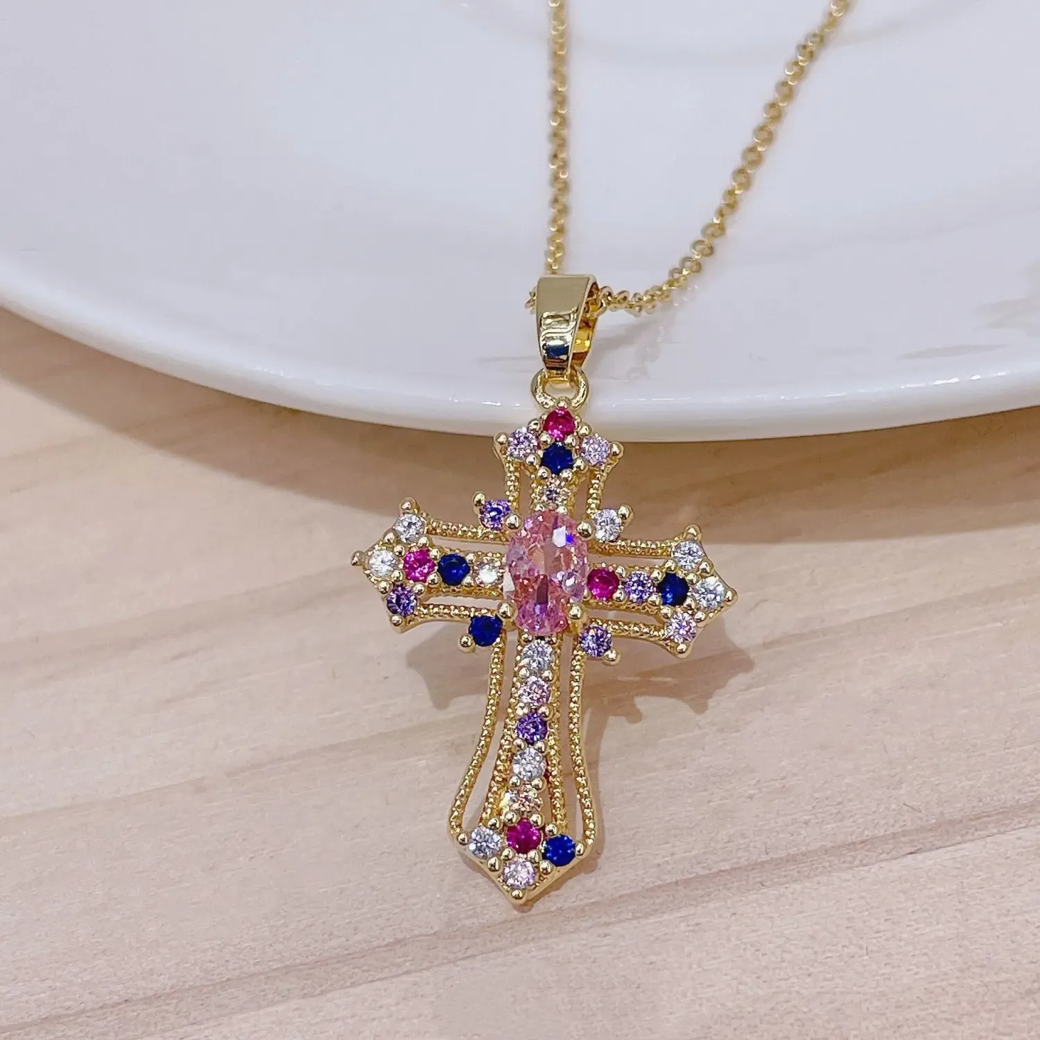 Men Women Hip Hop Zircon Cross Shiny Pendant Stainless Steel Necklace, Metal Color: A