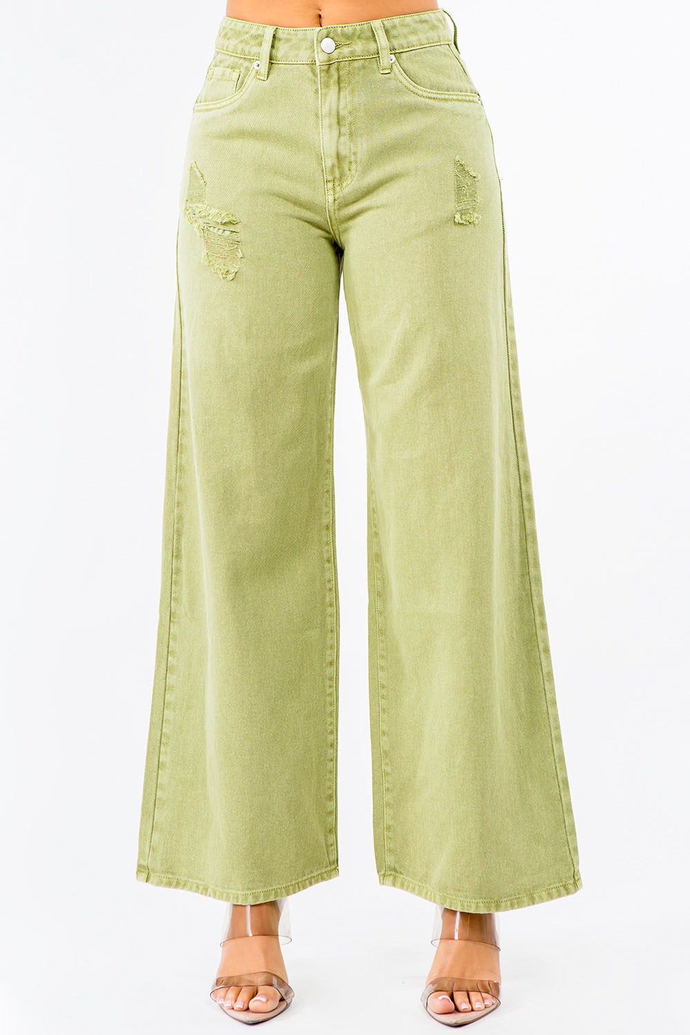 American Bazi High Waist Distressed Wide Leg Jeans, Size: 3, Color: Yellow-Green