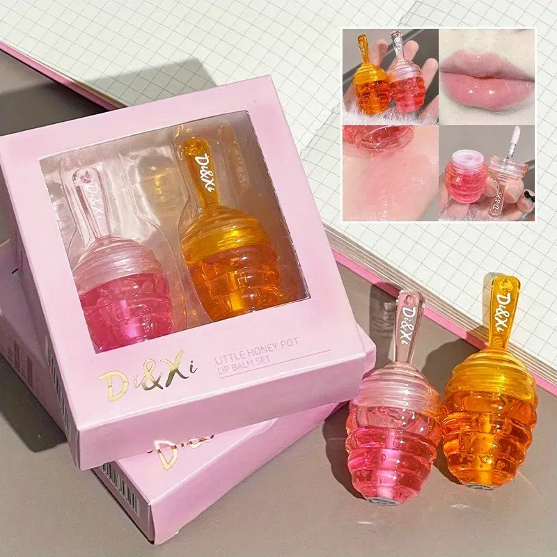 Small Honeypot Lip Oil Moisturizing and Fading Lip Pattern Water Lip, Color: Peach and Honey