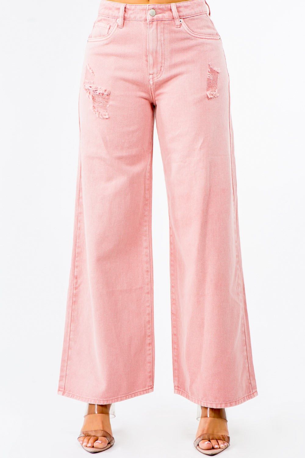American Bazi High Waist Distressed Wide Leg Jeans, Size: 11, Color: Blush Pink