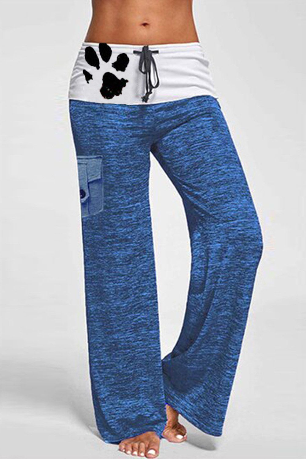 Drawstring Pockets Stretch Wide Leg Yoga Pant, Size: M, Color: Blue, Material: 95%Polyester+5%Spandex