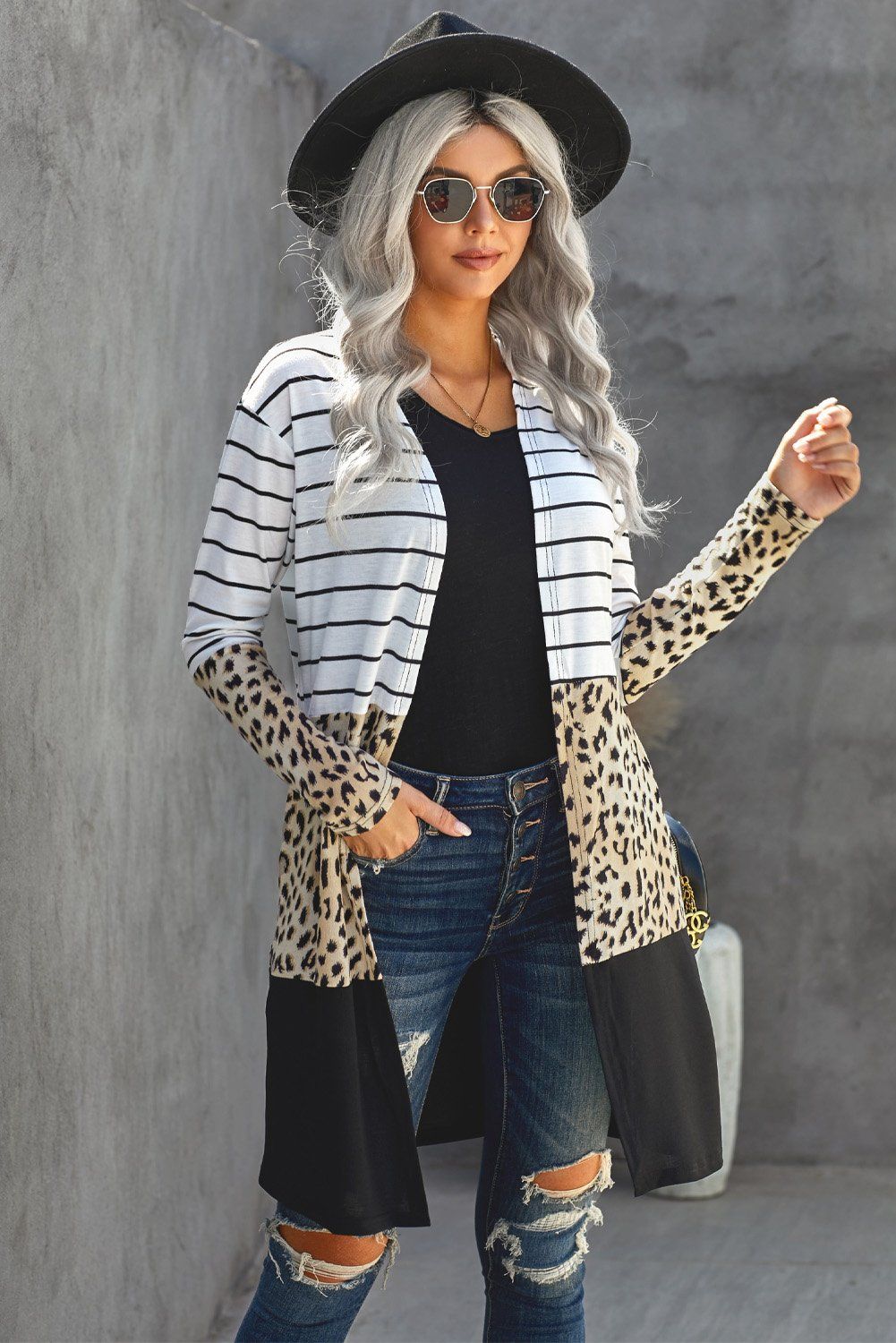 Colorblock Striped Cardigan, Size: M, Color: Leopard, Material: 95%Polyester+5%Spandex