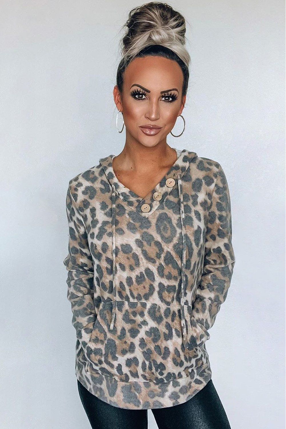 Print Kangroo Pocket Hoodie, Size: S, Color: Leopard, Material: 95%Polyester+5%Spandex