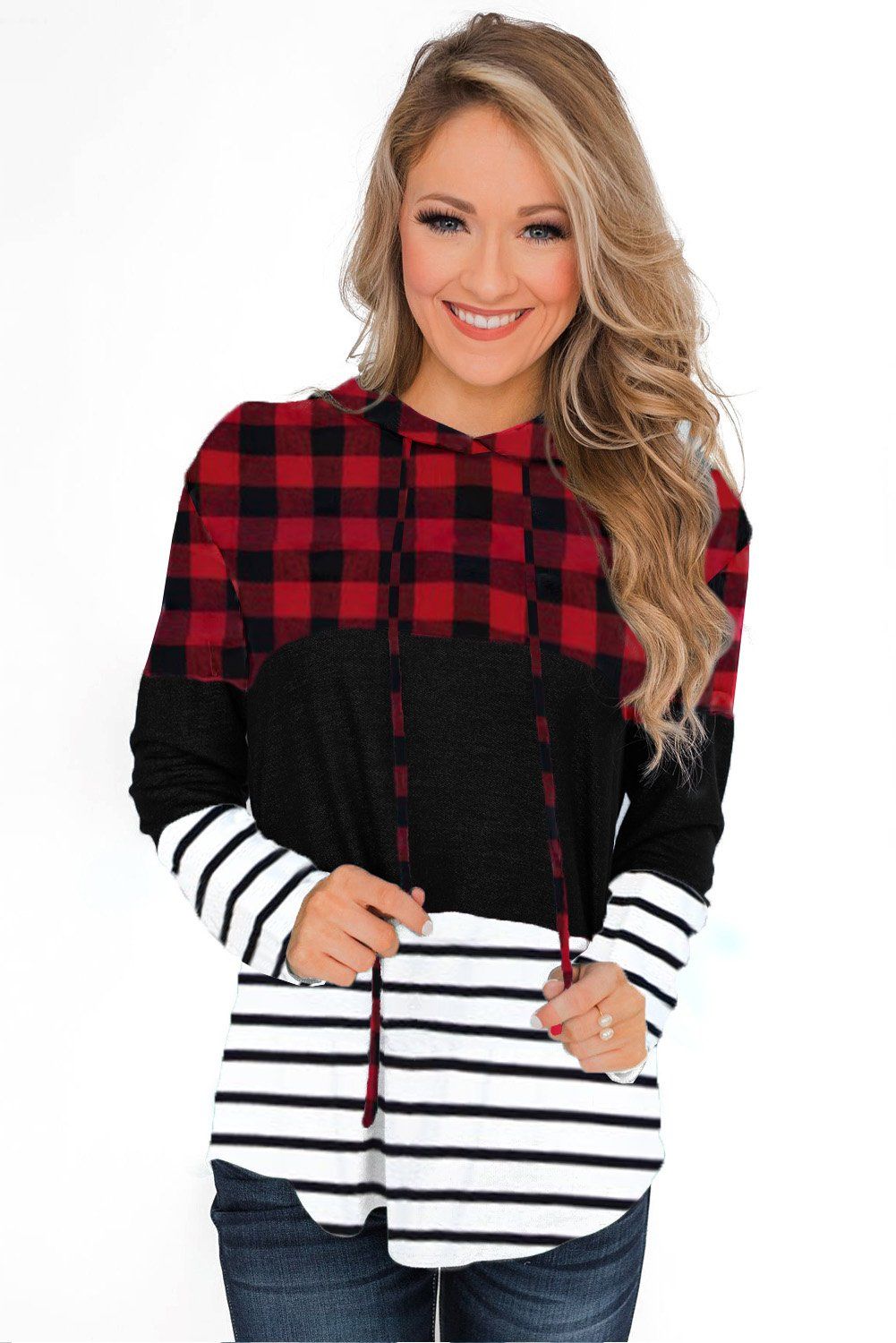 Plaid Striped Splicing Color Block Drawstring Hoodie, Size: S, Color: Red, Material: 95%Polyester+5%Spandex