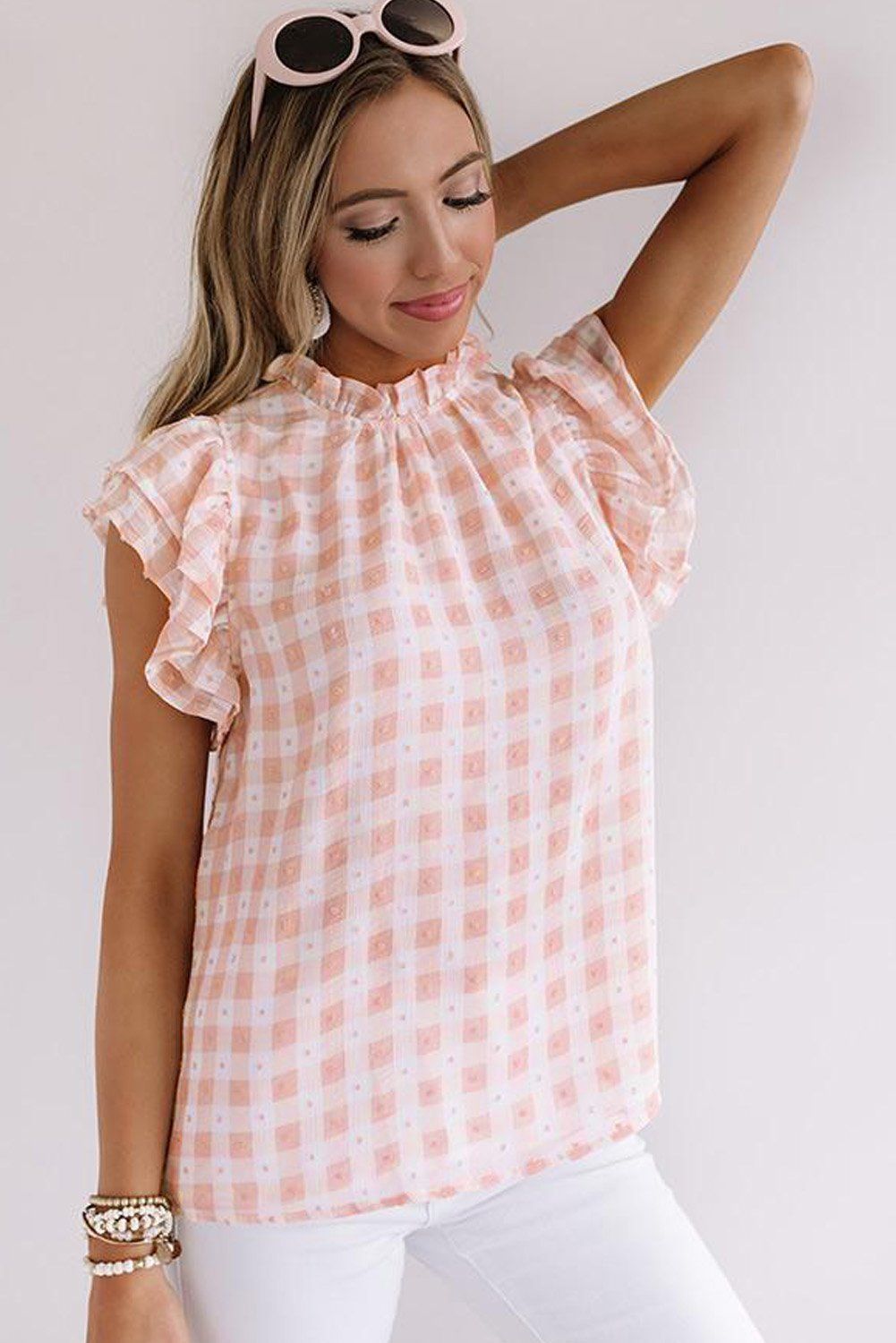 Plaid Ruffled Short Sleeves Tee, Size: S, Color: Pink, Material: 100%Polyester