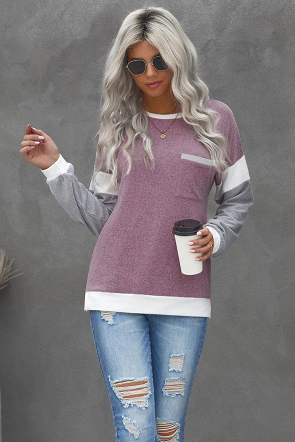 Splicing Sleeve Brown Knit Top, Size: 2XL, Color: Pink, Material: 95%Polyester+5%Spandex