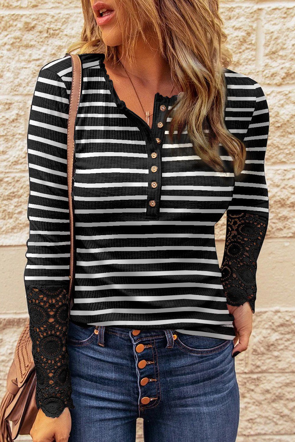 Lace Striped Splicing Hollow-out Button Long Sleeves Top, Size: S, Color: Black, Material: 95%Polyester+5%Spandex