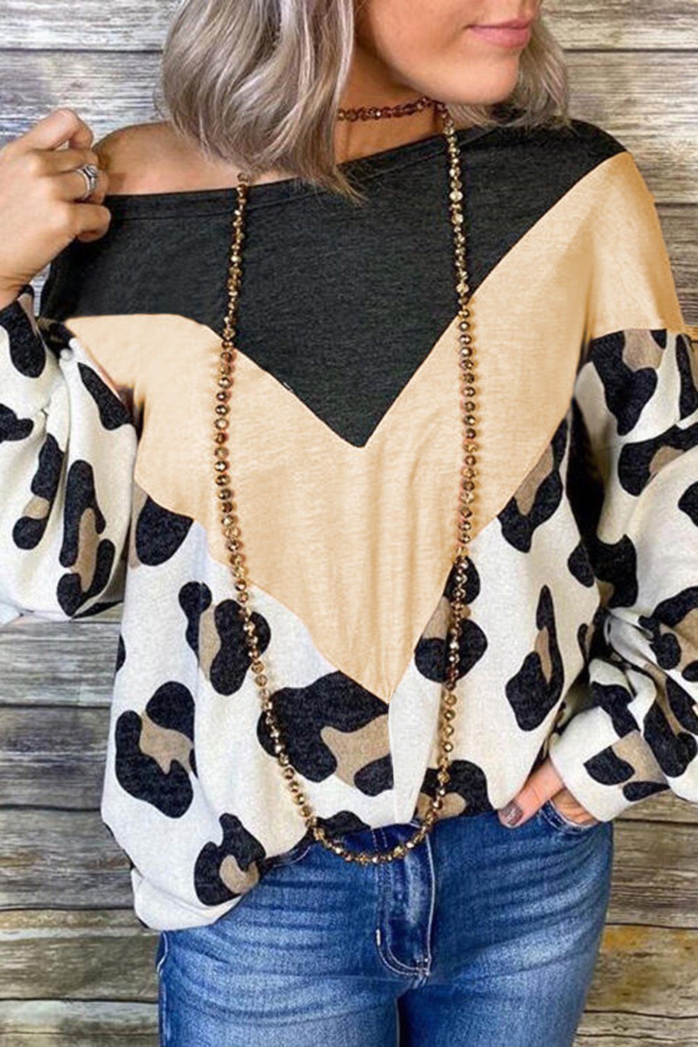 Print Color Block Cold Shoulder Long Sleeve Top, Size: S, Color: Leopard, Material: 95%Polyester+5%Spandex