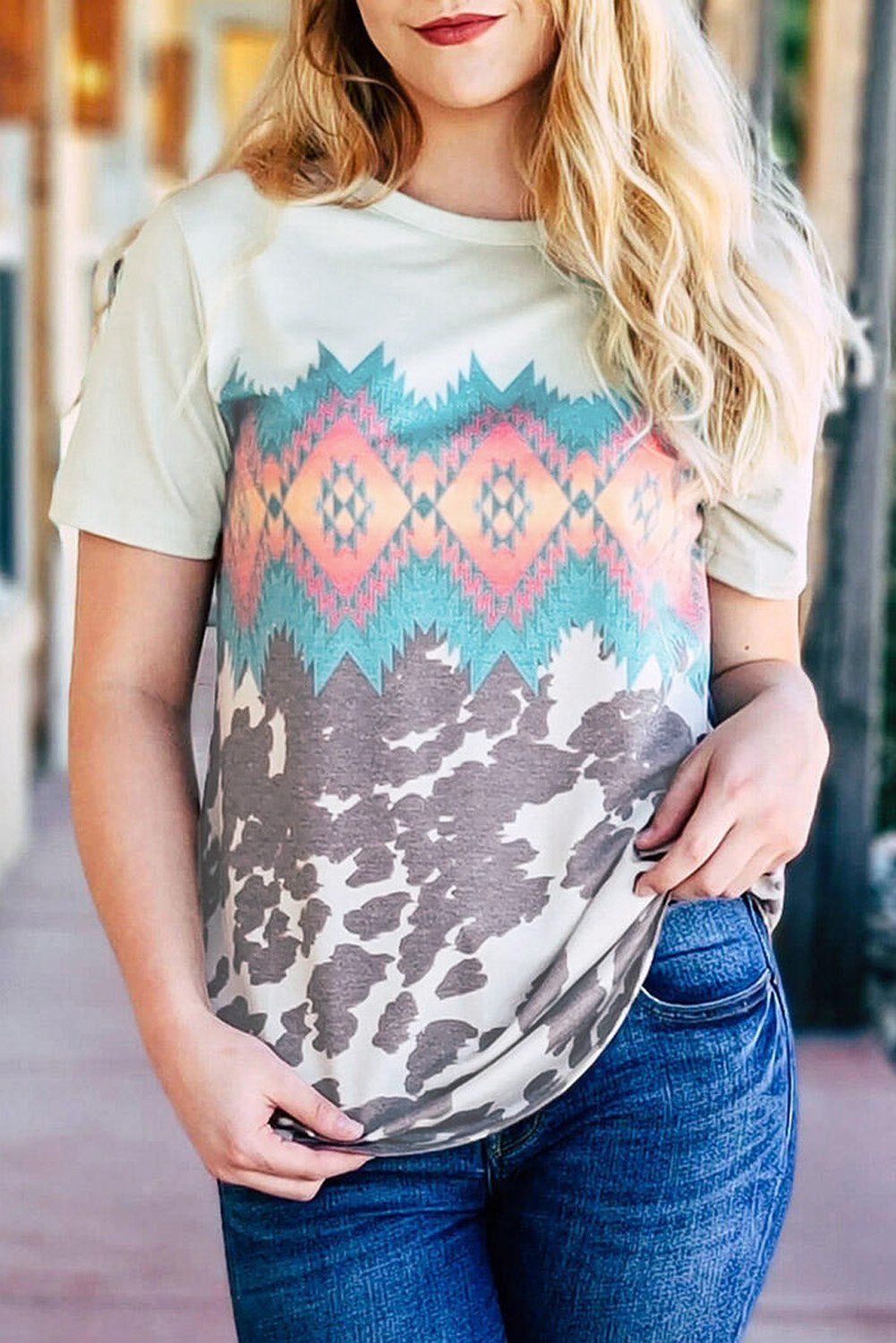 Multi-color Aztec Geometric Print T-shirt, Size: 2XL, Color: Multicolor, Material: 28%Cotton+66.2%Polyester+5.8%Elastane