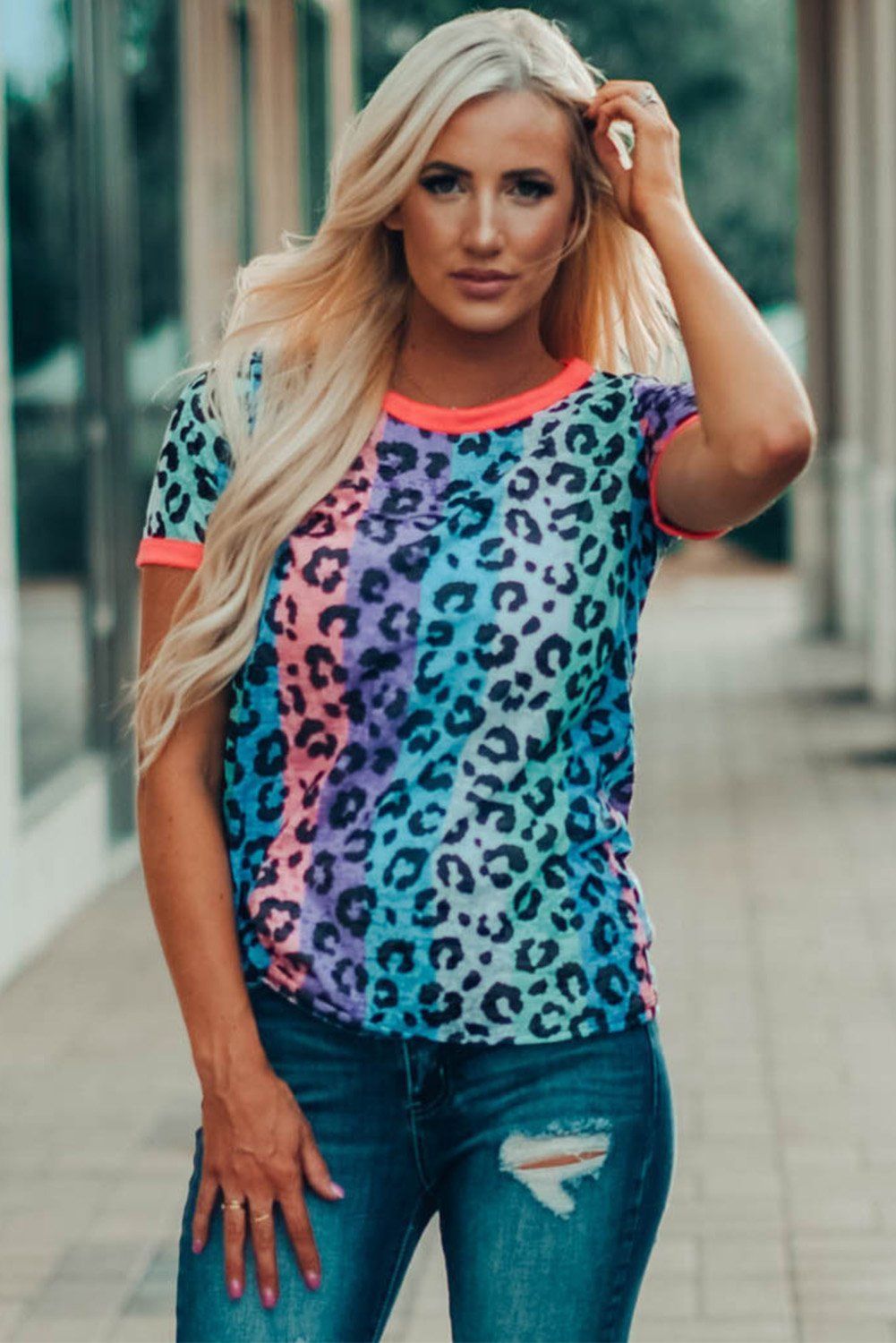 Multicolor Base Leopard T-shirt, Size: S, Color: Multicolor, Material: 95%Polyester+5%Spandex