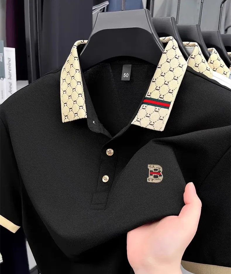 Luxury brand B letter embossed short sleeve polo shirt men summer, Size: M, Color: black