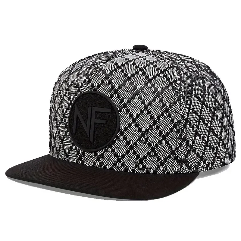 GREY DIAMOND PLAID AND BLACK BRIM CIRCLE LOGO